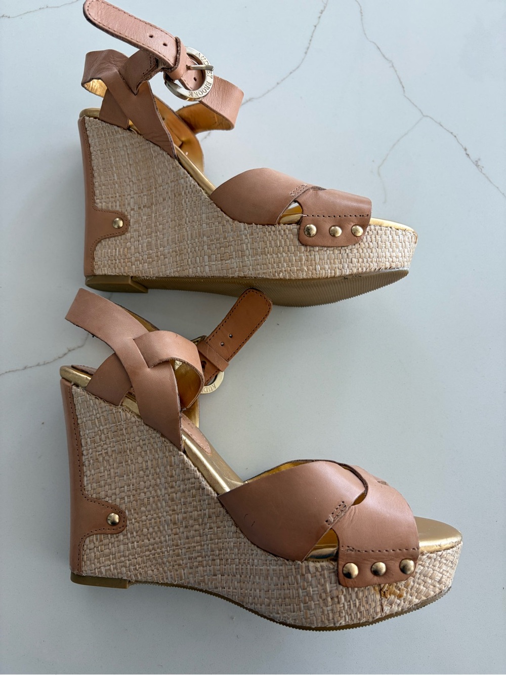 Audrey Brooke Blush Tan Wedge Sandals with Raffia Platform
